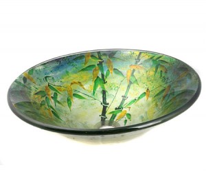 Hand Painted Bamboo Design Glass Vessel Sink