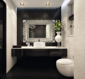 Having A Single Accent Wall Minimizes The Darkness In A Black And White Bathroom - The Matching Pattern On The White Walls Helps Unify The Look
