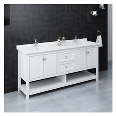 white vanity with black countertop