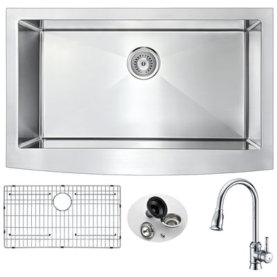 Anzzi Kitchen Sink and Faucet Combo, Brushed Satin,Polished Chrome,Stainless Steel, 32.875 in. L x 20.75 in. W x 10 in. H, Farmhouse, Faucet,Sound Dampening, Steel, Stainless Steel, KITCHEN - Kitchen Sinks - Farmhouse - Stainless Steel, 848308083178,