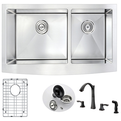 Double Bowl Sinks Anzzi Elysian Series Stainless Steel Brushed Satin Steel K36203A-032O 848308083116 KITCHEN - Kitchen Sinks - Farm Brushed Metal STAINLESS STEEL Farmhouse 