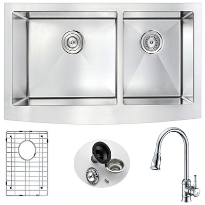 Double Bowl Sinks Anzzi Elysian Series Stainless Steel Brushed Satin Steel K36203A-044 848308082973 KITCHEN - Kitchen Sinks - Farm Brushed Metal STAINLESS STEEL Farmhouse 