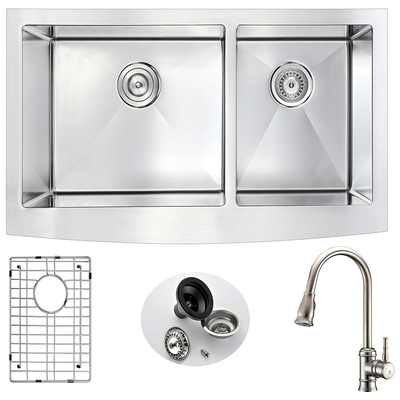 Double Bowl Sinks Anzzi Elysian Series Stainless Steel Brushed Satin Steel K36203A-130 848308082959 KITCHEN - Kitchen Sinks - Farm Brushed Metal STAINLESS STEEL Farmhouse 