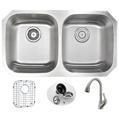 Double Bowl Sinks Anzzi Moore Series Stainless Steel Brushed Satin Steel KAZ3218-031B 848308082195 KITCHEN - Kitchen Sinks - Unde Brushed Metal STAINLESS STEEL Undermount 