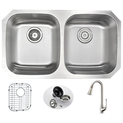 Double Bowl Sinks Anzzi Moore Series Stainless Steel Brushed Satin Steel KAZ3218-042 848308082140 KITCHEN - Kitchen Sinks - Unde Brushed Metal STAINLESS STEEL Undermount 