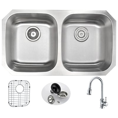 Double Bowl Sinks Anzzi Moore Series Stainless Steel Brushed Satin Steel KAZ3218-044 848308082171 KITCHEN - Kitchen Sinks - Unde Brushed Metal STAINLESS STEEL Undermount 