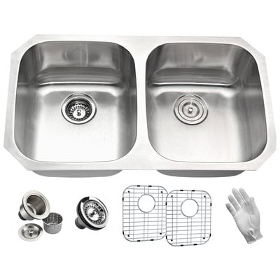 Double Bowl Sinks Anzzi Moore Series Stainless Steel Brushed Satin Steel K-AZ3218-2B 848308073513 KITCHEN - Kitchen Sinks - Unde Brushed Metal STAINLESS STEEL Undermount 