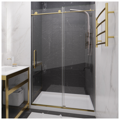 Shower and Tub Doors-Shower En Anzzi Leon Series Steel Brushed Gold Gold SD-AZ8077-01BG 191042062283 SHOWER - Shower Doors - Slidin Shower Sliding Brushed Steel Shower Door 40-49 in Sliding 