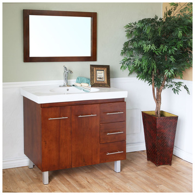 Bellaterra Bathroom Vanities, Single Sink Vanities, 30-40, Dark Brown, White Ceramic, Birch, 609456810715, 203129-W-R