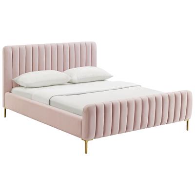 Beds Contemporary Design Furniture Angela-Bed Velvet Wood Blush CDF-B6373 793611829749 Beds Gold Pink Fuchsia blush Wood King Queen 