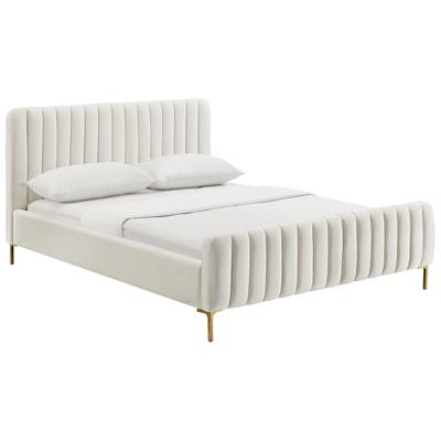 Beds Contemporary Design Furniture Angela-Bed Velvet Wood Cream CDF-B6376 793611829770 Beds Cream beige ivory sand nudeGol Wood King Queen 