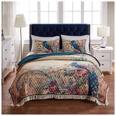 Quilts-Bedspreads and Coverlet Greenland Home Fashions Eden Peacock 100% Microfiber face and back; Ecru GL-2001EMSK 636047414625 Quilt Set Aqua Blue navy teal turquiose Full DoubleKing Queen Twin Cotton Microfiber Polyester 