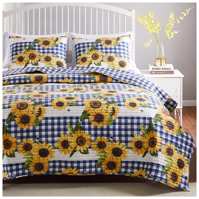 Quilts-Bedspreads and Coverlet Greenland Home Fashions Sunflower 100% Microfiber face and back; Gold GL-2011CMSK 636047424020 Quilt Set Aqua Blue navy teal turquiose Full DoubleKing Queen Twin Microfiber Polyester 