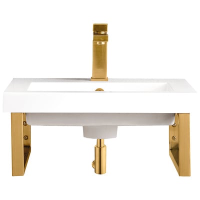 James Martin Bathroom Vanities, Under 30, Modern, Wall Mount Vanities, With Top and Sink, Radiant Gold, Modern, White Glossy, Stainless Steel, Floating Console, 840108929588, 055BK16RGD20WG2
