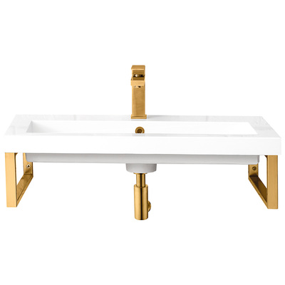 James Martin Bathroom Vanities, 30-40, Modern, Wall Mount Vanities, With Top and Sink, Radiant Gold, Modern, White Glossy, Stainless Steel, Floating Console, 840108929595, 055BK16RGD31.5WG2