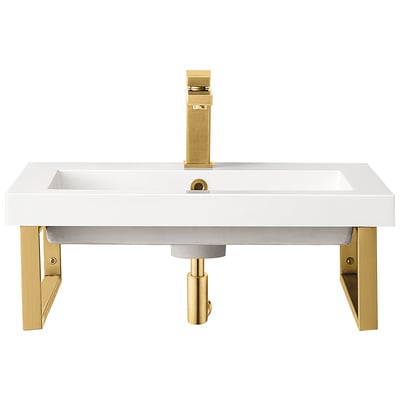 James Martin Bathroom Vanities, Under 30, Modern, Wall Mount Vanities, With Top and Sink, Radiant Gold, Modern, White Glossy, Stainless Steel, Floating Console, 840108929670, 055BK18RGD23.6WG2