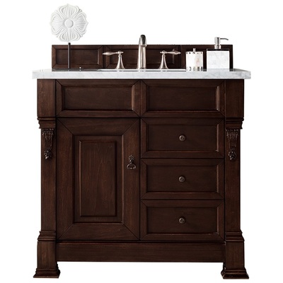 James Martin Bathroom Vanities, Single Sink Vanities, 30-40, Transitional, Dark Brown, With Top and Sink, Burnished Mahogany, Transitional, Arctic Fall Solid Surface, Yellow Poplar, Plywood Panels and MDF, Red Oak Veneer, Vanity, 846871042172, 147-