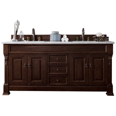 James Martin Bathroom Vanities, Double Sink Vanities, 70-90, Transitional, Dark Brown, With Top and Sink, Burnished Mahogany, Transitional, Arctic Fall Solid Surface, Yellow Poplar, Plywood Panels and MDF, Red Oak Veneer, Vanity, 846871042325, 147-