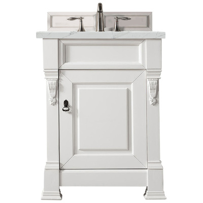 James Martin Bathroom Vanities, Single Sink Vanities, Under 30, Transitional, White, With Top and Sink, Bright White, Transitional, Ethereal Noctis Quartz, Yellow Poplar, Plywood Panels and MDF, Red Oak Veneers, Vanity, 840108938672, 147-V26-BW-3ENC