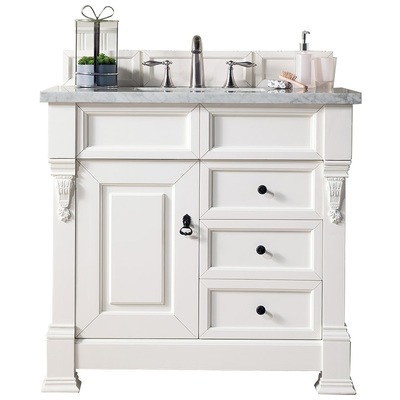 James Martin Bathroom Vanities, Single Sink Vanities, 30-40, Transitional, White, With Top and Sink, Bright White, Transitional, Carrara Marble, Yellow Poplar, Plywood Panels and MDF, Red Oak Veneers, Vanity, 840108916786, 147-V36-BW-3CAR