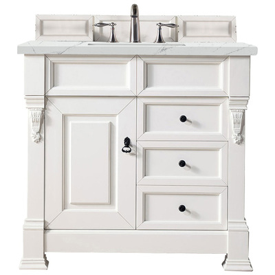James Martin Bathroom Vanities, Single Sink Vanities, 30-40, Transitional, White, With Top and Sink, Bright White, Transitional, Ethereal Noctis Quartz, Yellow Poplar, Plywood Panels and MDF, Red Oak Veneers, Vanity, 840108938696, 147-V36-BW-3ENC
