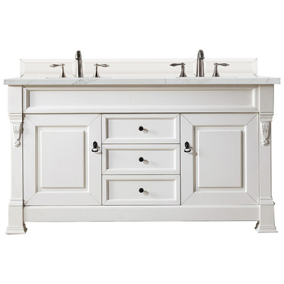 James Martin Bathroom Vanities, Double Sink Vanities, 50-70, Transitional, White, With Top and Sink, Bright White, Transitional, Ethereal Noctis Quartz, Yellow Poplar, Plywood Panels and MDF, Red Oak Veneers, Vanity, 840108938733, 147-V60D-BW-3ENC