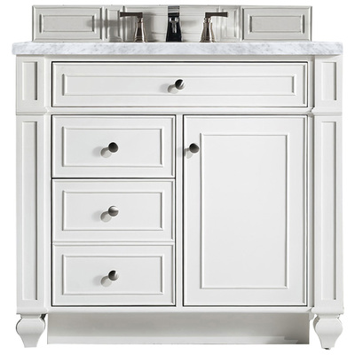James Martin Bathroom Vanities, Single Sink Vanities, 30-40, Transitional, White, With Top and Sink, Bright White, Transitional, Carrara Marble, Parawood, Plywood Panels, Black Walnut Veneers, Vanity, 840108918421, 157-V36-BW-3CAR