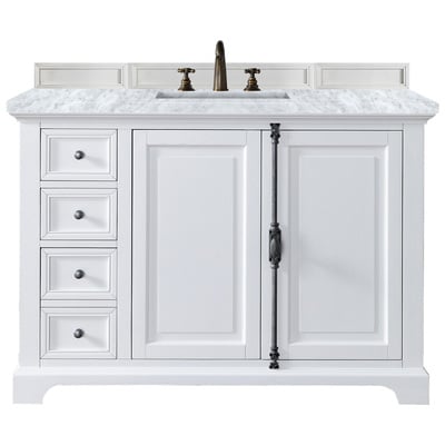 James Martin Bathroom Vanities, Single Sink Vanities, 40-50, Transitional, White, With Top and Sink, Bright White, Transitional, Carrara Marble, Yellow Poplar, Plywood Panels, Vanity, 840108917622, 238-105-V48-BW-3CAR