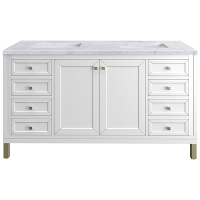 James Martin Bathroom Vanities, Double Sink Vanities, 50-70, Modern, White, Wall Mount Vanities, With Top and Sink, Glossy White, Modern Farmhouse, Transitional, Carrara Marble, Yellow Poplar Solids, Plywood Panels, Vanity, 840108948091, 305-V60D-GW-