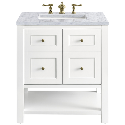 James Martin Bathroom Vanities, Single Sink Vanities, Under 30, Modern, White, With Top and Sink, Bright White, Modern Farmhouse, Transitional, Carrara Marble, Yellow Poplar, Plywood Panels, Vanity, 840108948695, 330-V30-BW-3CAR