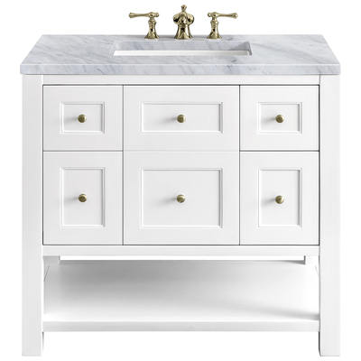 James Martin Bathroom Vanities, Single Sink Vanities, 30-40, Modern, White, With Top and Sink, Bright White, Modern Farmhouse, Transitional, Carrara Marble, Yellow Poplar, Plywood Panels, Vanity, 840108948992, 330-V36-BW-3CAR