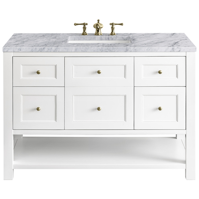 James Martin Bathroom Vanities, Single Sink Vanities, 40-50, Modern, White, With Top and Sink, Bright White, Modern Farmhouse, Transitional, Carrara Marble, Yellow Poplar, Plywood Panels, Vanity, 840108949296, 330-V48-BW-3CAR