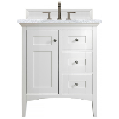 James Martin Bathroom Vanities, Single Sink Vanities, Under 30, Transitional, White, With Top and Sink, Bright White, Transitional, Carrara Marble, Yellow Poplar, Plywood Panels, Vanity, 846871058845, 527-V30-BW-3CAR