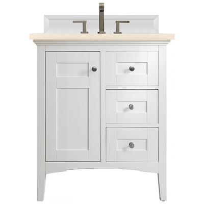 James Martin Bathroom Vanities, Single Sink Vanities, Under 30, Transitional, White, With Top and Sink, Bright White, Transitional, Eternal Marfil, Yellow Poplar, Plywood Panels, Vanity, 840108927362, 527-V30-BW-3EMR