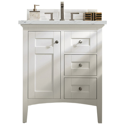 James Martin Bathroom Vanities, Single Sink Vanities, Under 30, Transitional, White, With Top and Sink, Bright White, Transitional, Ethereal Noctis, Yellow Poplar, Plywood Panels, Vanity, 840108940170, 527-V30-BW-3ENC