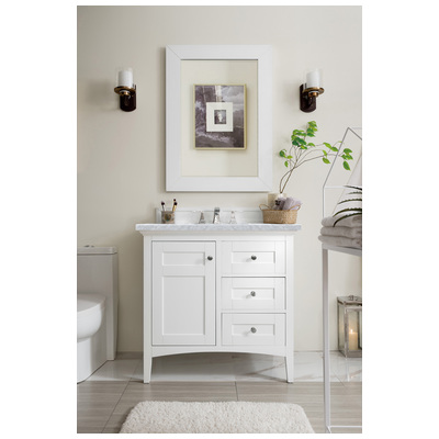 James Martin Bathroom Vanities, Single Sink Vanities, 30-40, Transitional, White, With Top and Sink, Bright White, Transitional, Carrara Marble, Yellow Poplar, Plywood Panels, Vanity, 846871058920, 527-V36-BW-3CAR