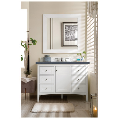 James Martin Bathroom Vanities, Single Sink Vanities, 40-50, Transitional, White, With Top and Sink, Bright White, Transitional, Charcoal Soapstone, Yellow Poplar, Plywood Panels, Vanity, 846871082390, 527-V48-BW-3CSP