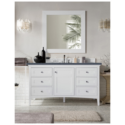 James Martin Bathroom Vanities, Single Sink Vanities, 50-70, Transitional, White, With Top and Sink, Bright White, Transitional, Charcoal Soapstone, Yellow Poplar, Plywood Panels, Vanity, 846871082710, 527-V60S-BW-3CSP