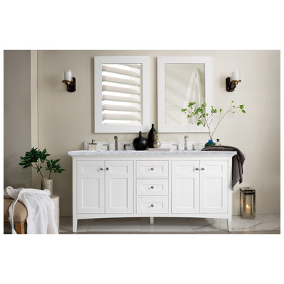 James Martin Bathroom Vanities, Double Sink Vanities, 70-90, Transitional, White, With Top and Sink, Bright White, Transitional, Carrara Marble, Yellow Poplar, Plywood Panels, Vanity, 846871059644, 527-V72-BW-3CAR