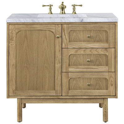 James Martin Bathroom Vanities, Single Sink Vanities, 30-40, Modern, Light Brown, With Top and Sink, Light Natural Oak, Boho, Contemporary/Modern, Carrara Marble, Ash Solids and Plywood Panels with Flat Cut White Oak Veneers and Rattan, Vanity, 84010