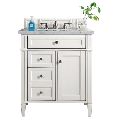 James Martin Bathroom Vanities, Single Sink Vanities, Under 30, Transitional, White, With Top and Sink, Bright White, Transitional, Arctic Fall Solid Surface, Yellow Poplar, Plywood Panels, Vanity, 840108917899, 650-V30-BW-3AF