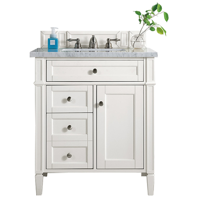 James Martin Bathroom Vanities, Single Sink Vanities, Under 30, Transitional, White, With Top and Sink, Bright White, Transitional, Carrara Marble, Yellow Poplar, Plywood Panels, Vanity, 840108917905, 650-V30-BW-3CAR