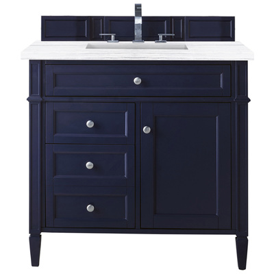 James Martin Bathroom Vanities, Single Sink Vanities, 30-40, Transitional, Blue, With Top and Sink, Victory Blue, Transitional, Carrara Marble, Yellow Poplar, Plywood Panels, Vanity, 846871093402, 650-V36-VBL-3CAR