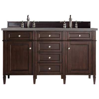 James Martin Bathroom Vanities, Double Sink Vanities, 50-70, Transitional, Dark Brown, With Top and Sink, Burnished Mahogany, Transitional, Grey Expo Quartz, Yellow Poplar, Plywood Panels, Vanity, 846871084981, 650-V60D-BNM-3GEX