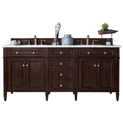 James Martin Bathroom Vanities, Double Sink Vanities, 70-90, Transitional, Dark Brown, With Top and Sink, Burnished Mahogany, Transitional, Carrara Marble, Yellow Poplar, Plywood Panels, Vanity, 846871055813, 650-V72-BNM-3CAR