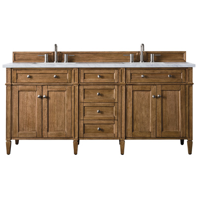 James Martin Bathroom Vanities, Double Sink Vanities, 70-90, Transitional, Light Brown, With Top and Sink, Saddle Brown, Transitional, Carrara Marble, Yellow Poplar, Plywood Panels, Vanity, 840108925436, 650-V72-SBR-3CAR