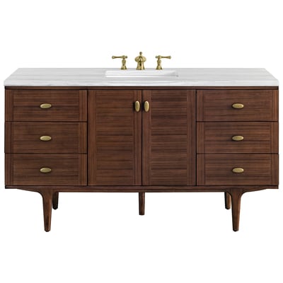 Bathroom Vanities James Martin Amberly Rubber Wood Solids and Plywood Mid-Century Walnut Mid-Century Walnut 670-V60S-WLT-3AF 840108951688 Vanity Single Sink Vanities 50-70 Modern Dark Brown Wall Mount Vanities With Top and Sink 