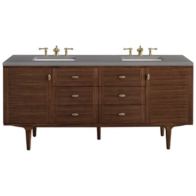 Bathroom Vanities James Martin Amberly Rubber Wood Solids and Plywood Mid-Century Walnut Mid-Century Walnut 670-V72-WLT-3GEX 840108951862 Vanity Double Sink Vanities 70-90 Modern Dark Brown Wall Mount Vanities With Top and Sink 