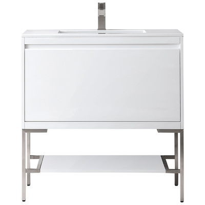 James Martin Bathroom Vanities, Single Sink Vanities, 30-40, Transitional, White, With Top and Sink, Glossy White, Transitional, Glossy White, Yellow Poplar Solids, Plywood Panels and MDF, Vanity, 840108925993, 801V35.4GWBNKGW
