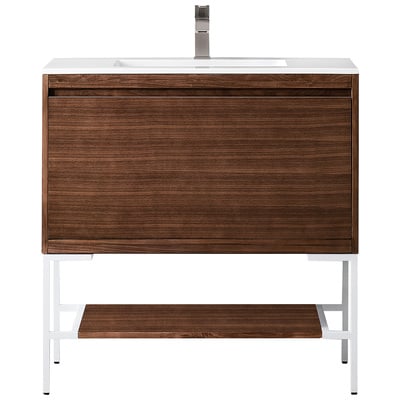 James Martin Bathroom Vanities, Single Sink Vanities, 30-40, Transitional, Dark Brown, With Top and Sink, Mid-Century Walnut, Transitional, Glossy White, Yellow Poplar Solids, Plywood Panels and MDF, Walnut Venners, Vanity, 840108926198, 801V35.4WLTG